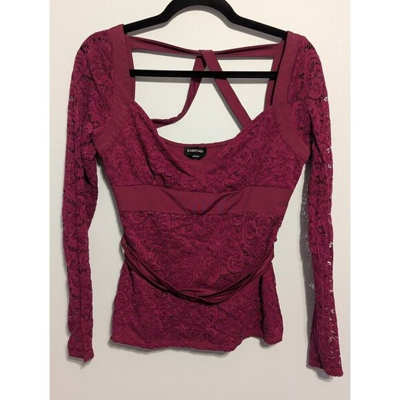 Vintage Bebe 90s Burgundy Red Lace Long Sleeve Sweetheart Top Clubwear Y2K Med - Picture 2 of 8